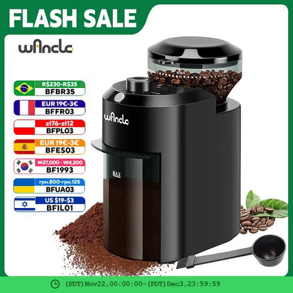 Molinillo de café eléctrico Wancle, molinillo de rebaba ajustable, molinillo de café cónico con 28 ajustes de molienda precisos, 220V/120V